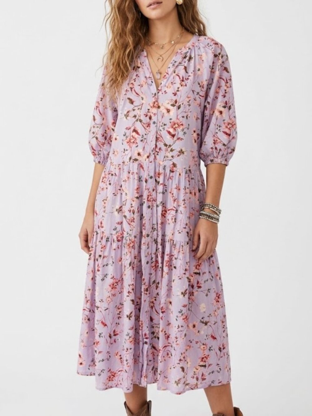 Time and Tru Button-Front Tiered Midi Dress  Size L